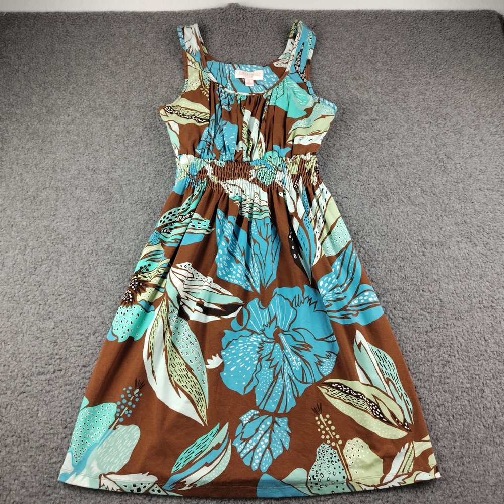Tori Richard Honolulu Floral Smocked Waist Dress Brown Turquoise Medium Stretch
